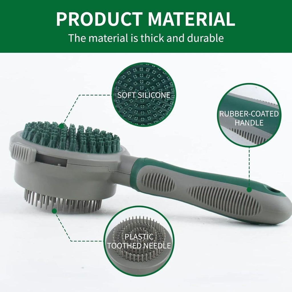 Green and pink dual-sided pet grooming brush with retractable slicker brush and silicone massager pins