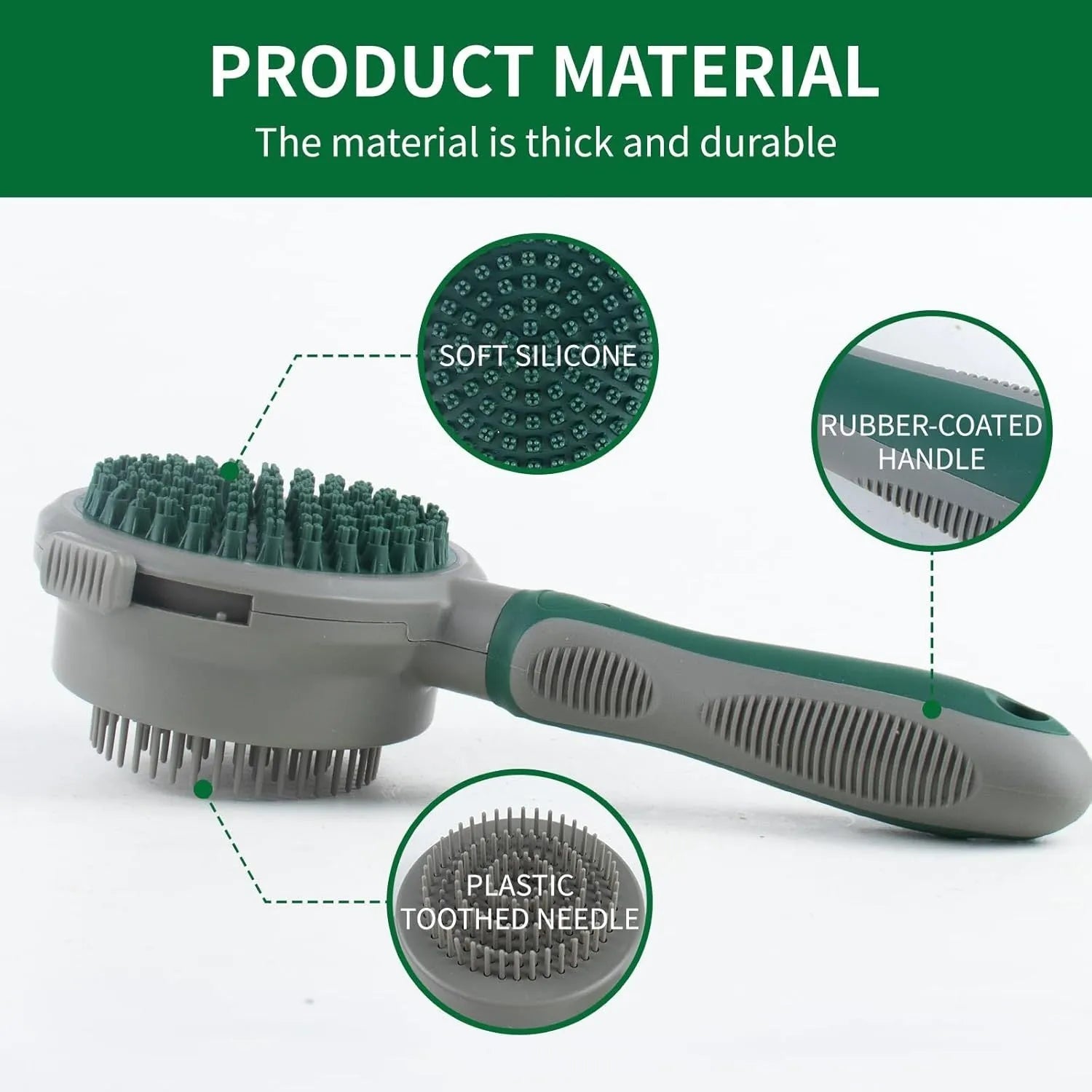 Green and pink dual-sided pet grooming brush with retractable slicker brush and silicone massager pins
