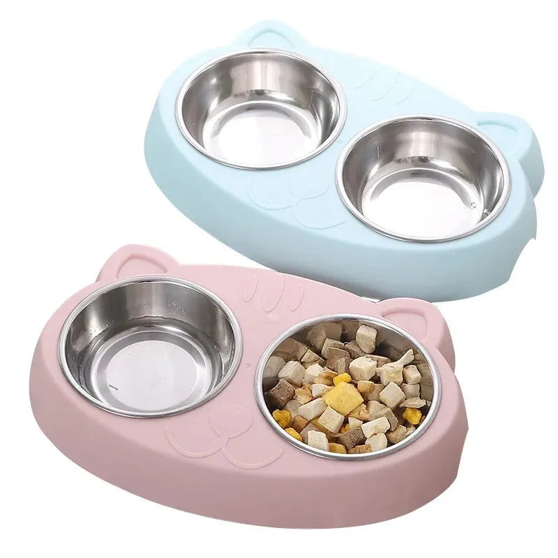 Macaron-style plastic pet feeder with two bowls in blue, green or pink colours