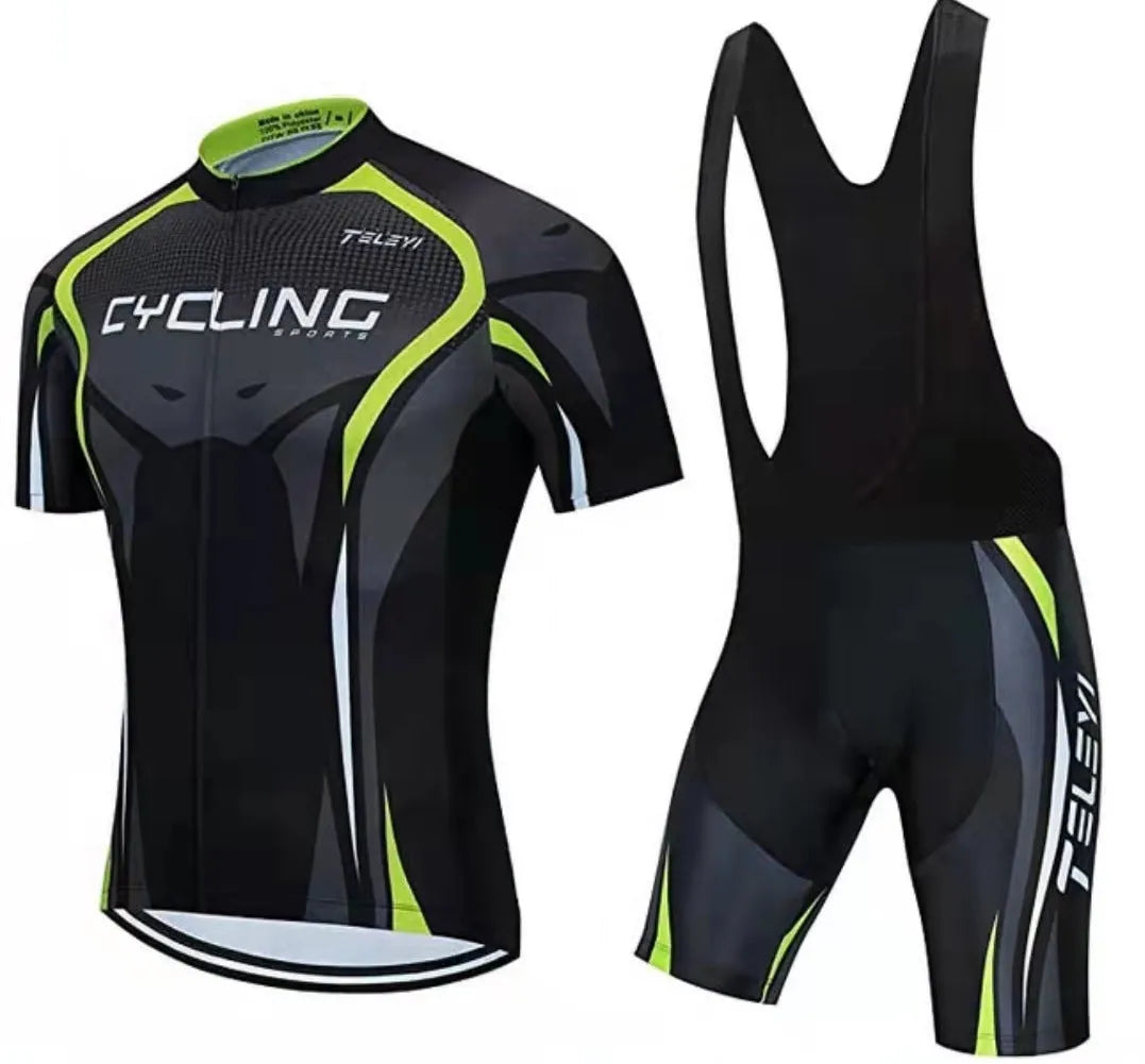 Cycling jersey and pants set with moisture-wicking fabric in various colour options