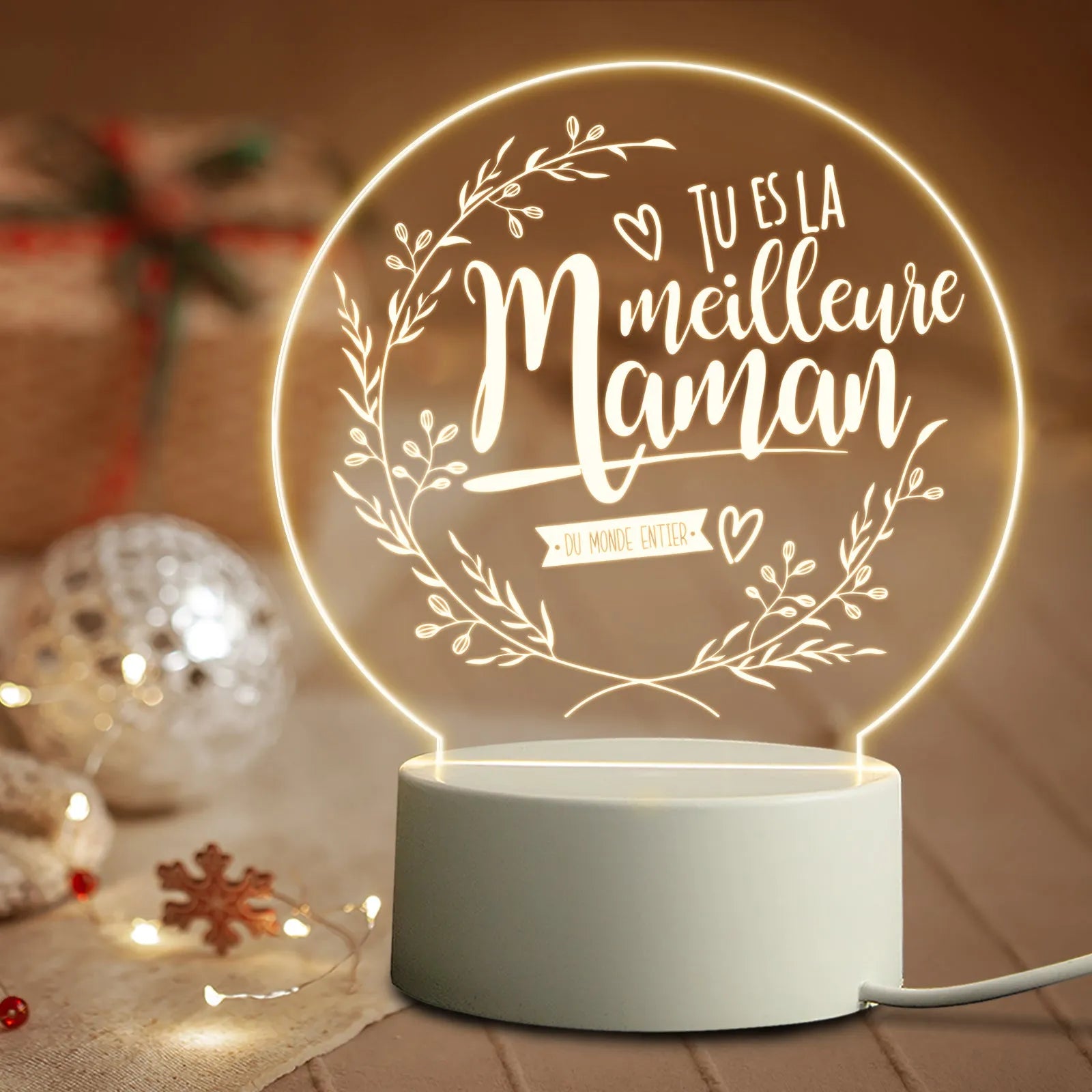 Modern white bedside night light with acrylic shade on ABS base, connected via USB cable.