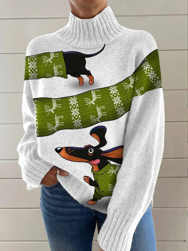 Women's Christmas printed turtleneck sweater with painting pattern in macaron colour