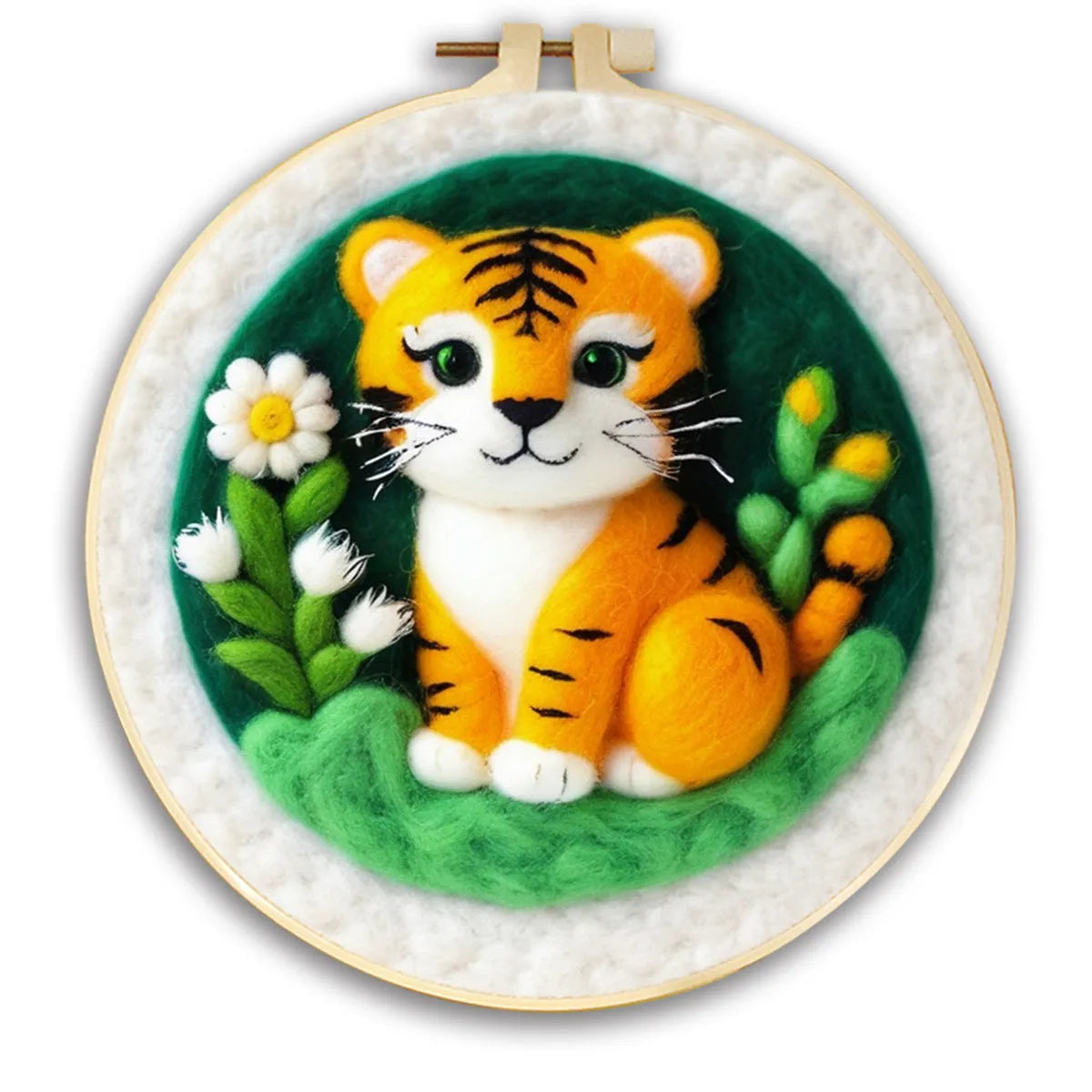 Round linen embroidery kit with wool felt pieces for 3D flowers and leaves, includes a free frame.