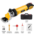Yellow electric wool shearing machine with 110V plug and multiple blade sets in a plastic storage box
