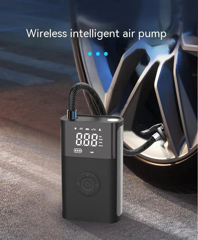 Wireless digital display car tyre inflator with multiple nozzle adaptors and LED light