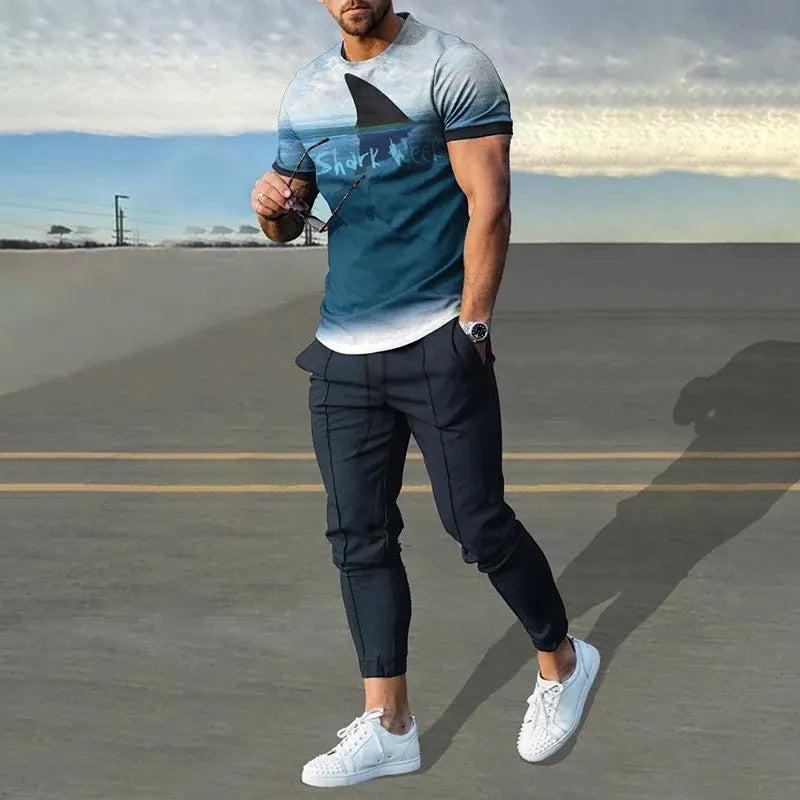 Men's short-sleeved round neck pullover and matching trousers sportswear set in polyester blend fabric
