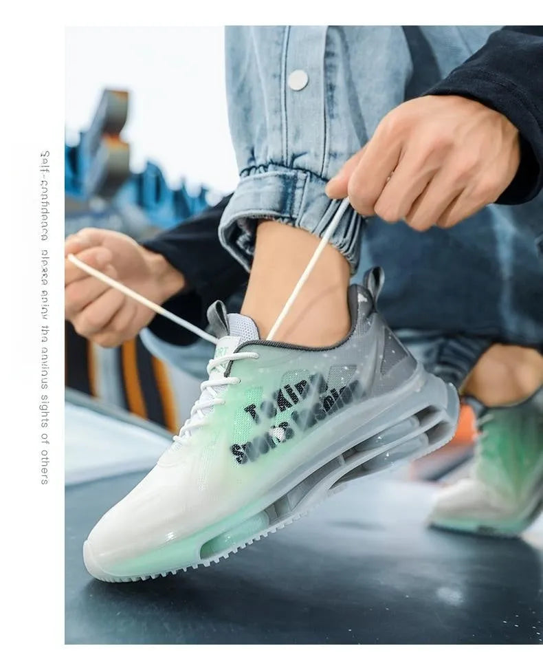 Men's black and green platform running shoes with mesh upper and rubber sole on a white background.