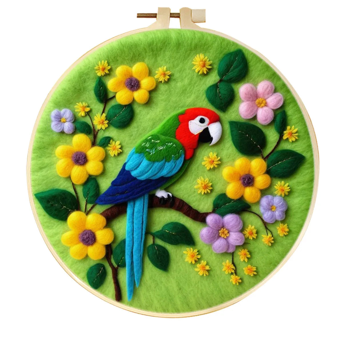 Round linen embroidery kit with wool felt pieces for 3D flowers and leaves, includes a free frame.