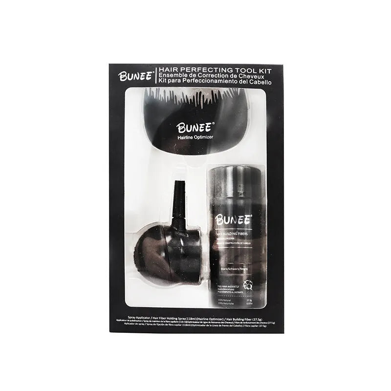 Boxed dense hair fibre powder three-piece set with applicator and lock-in spray for thinning hair coverage.