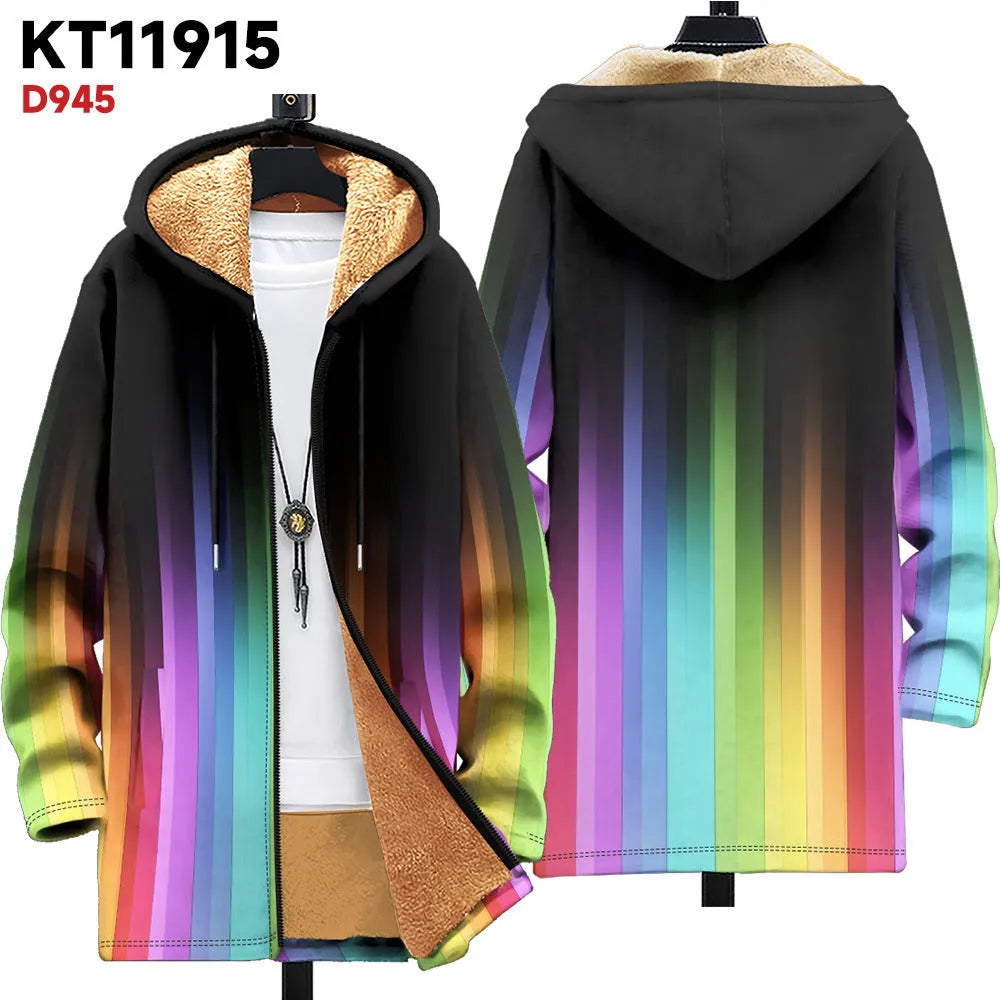 Man wearing a loose-fit zip-up hooded cardigan with a multicolour digital print pattern.