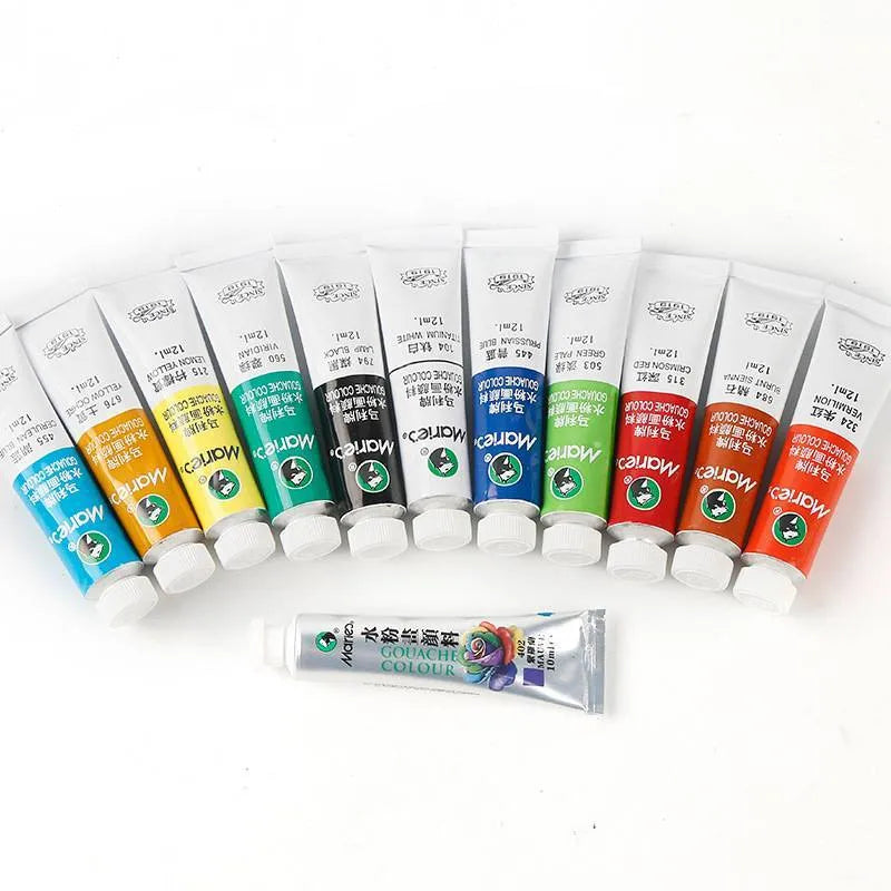 Gouache paint set showing tubes in a box, available in 12, 18 and 24 colour options.