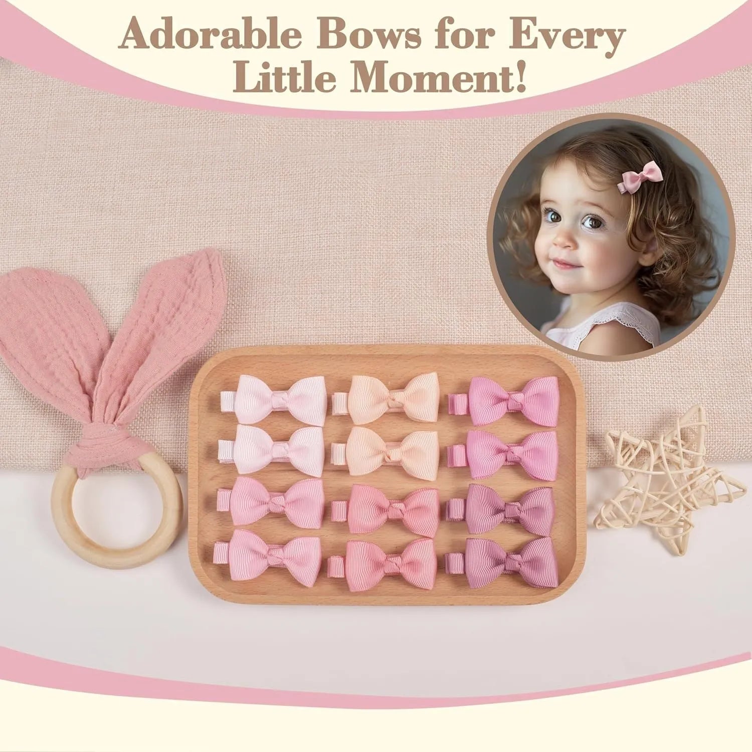 Assortment of pastel-coloured barrette and bow hair clips for babies on a white background.