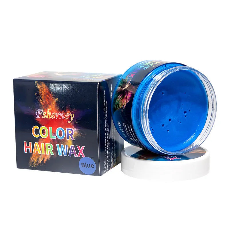 120g hair styling clay pot showing colour options including white, orange, red, yellow, blue, green, purple, rose red, and granny grey