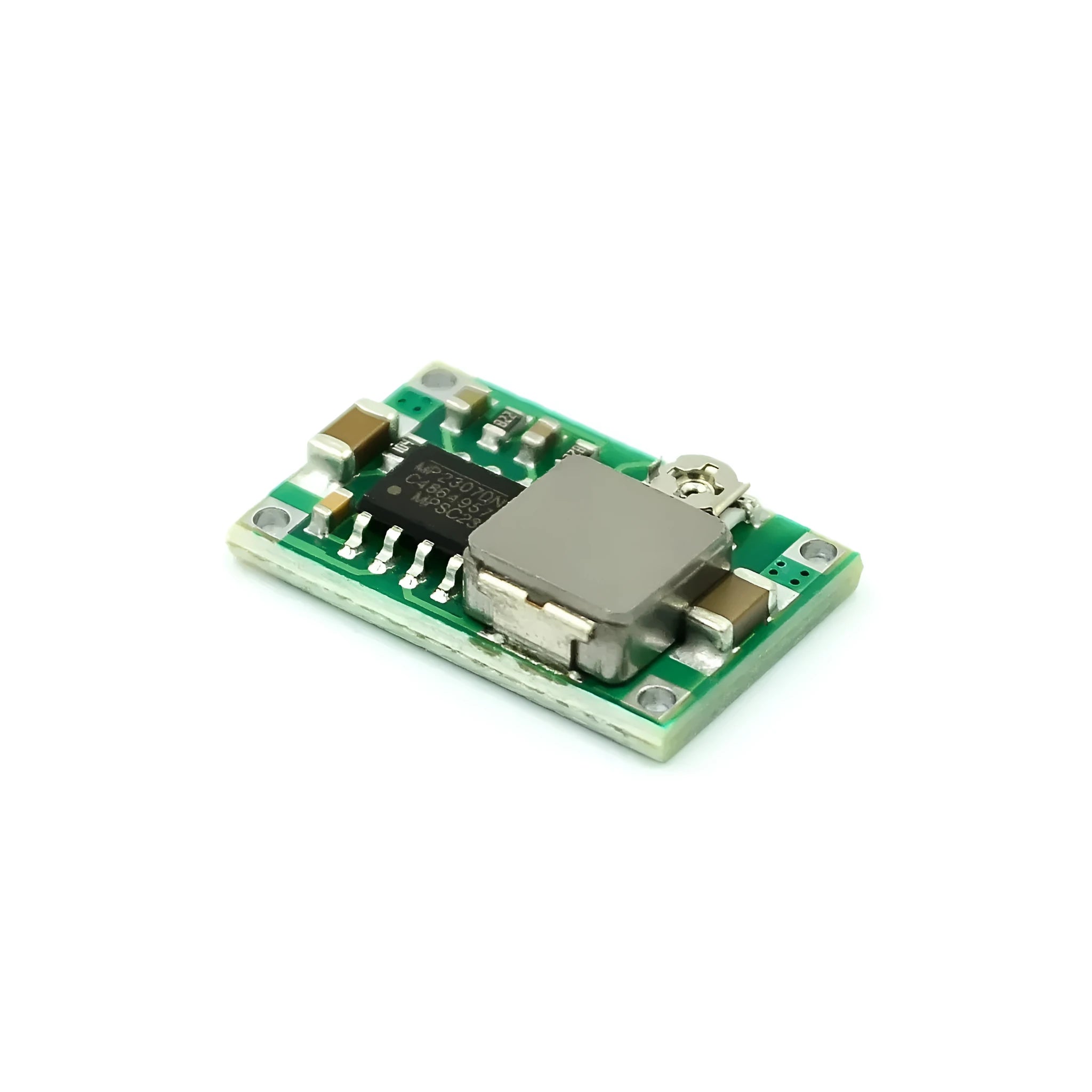 Mini-360 green DC-DC buck converter step down power supply module on white background