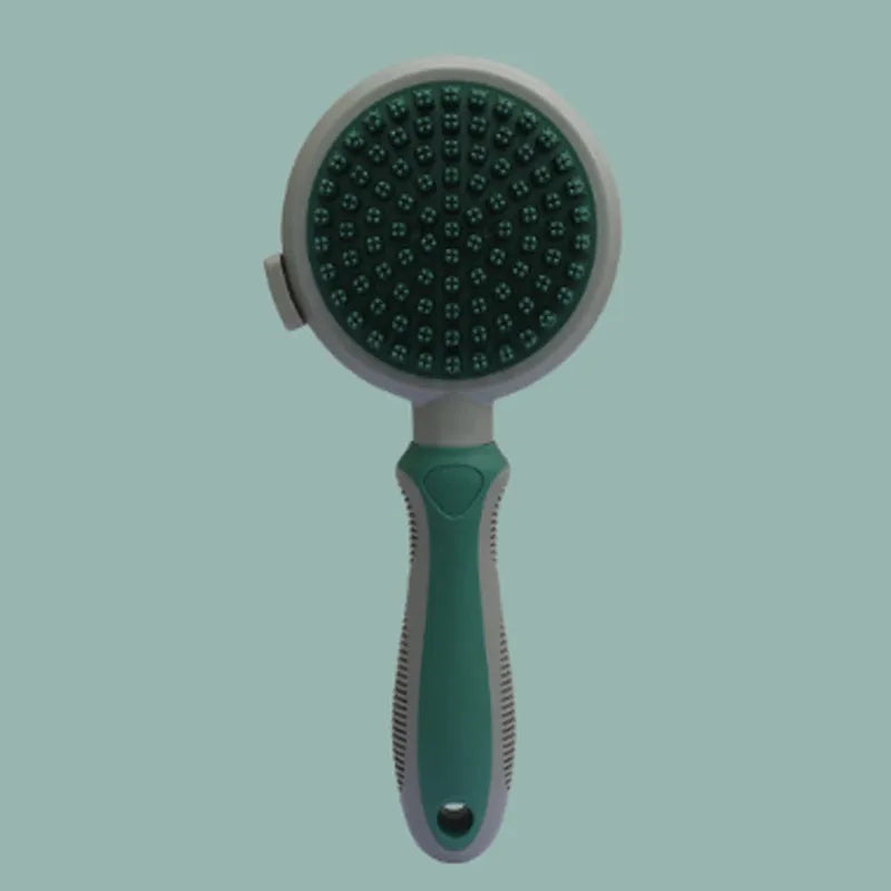 Green and pink dual-sided pet grooming brush with retractable slicker brush and silicone massager pins