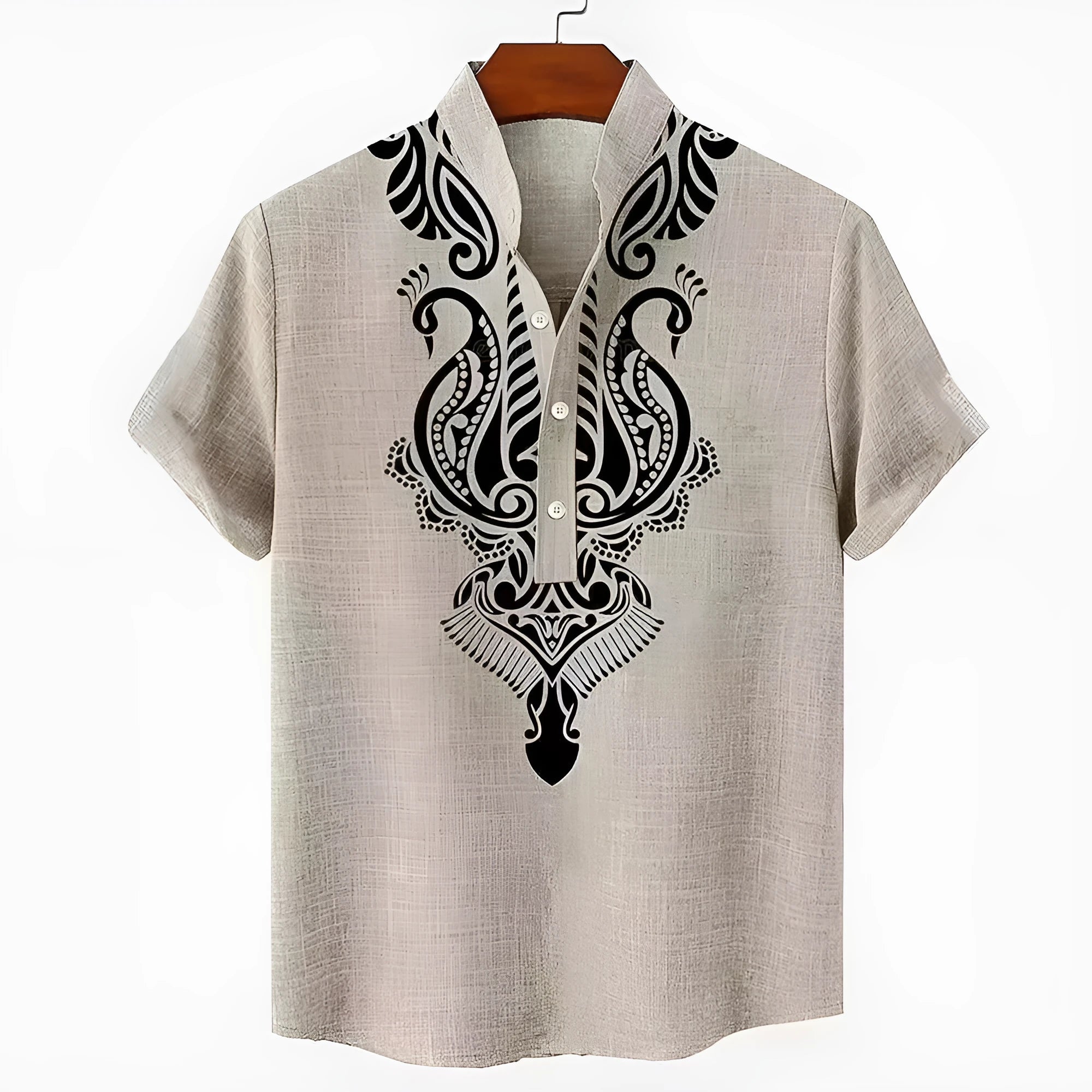Men's loose fit casual shirt with stripe pattern in polyester fabric showing colour and sizing options