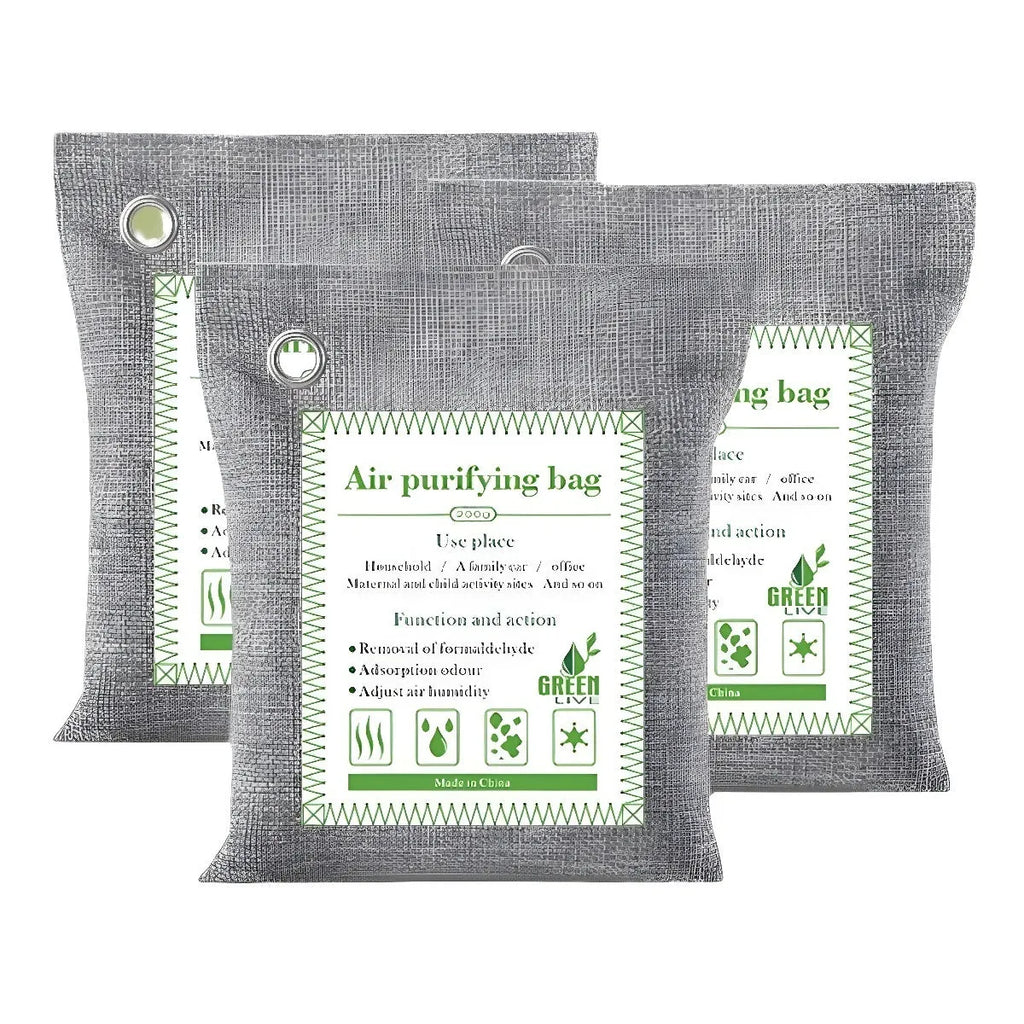 Bamboo charcoal air purifying bag in a sewing style fabric pouch for formaldehyde and odour removal.