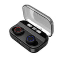 X11 black Bluetooth wireless earbuds with charging case showing touch controls and silicone ear sleeves