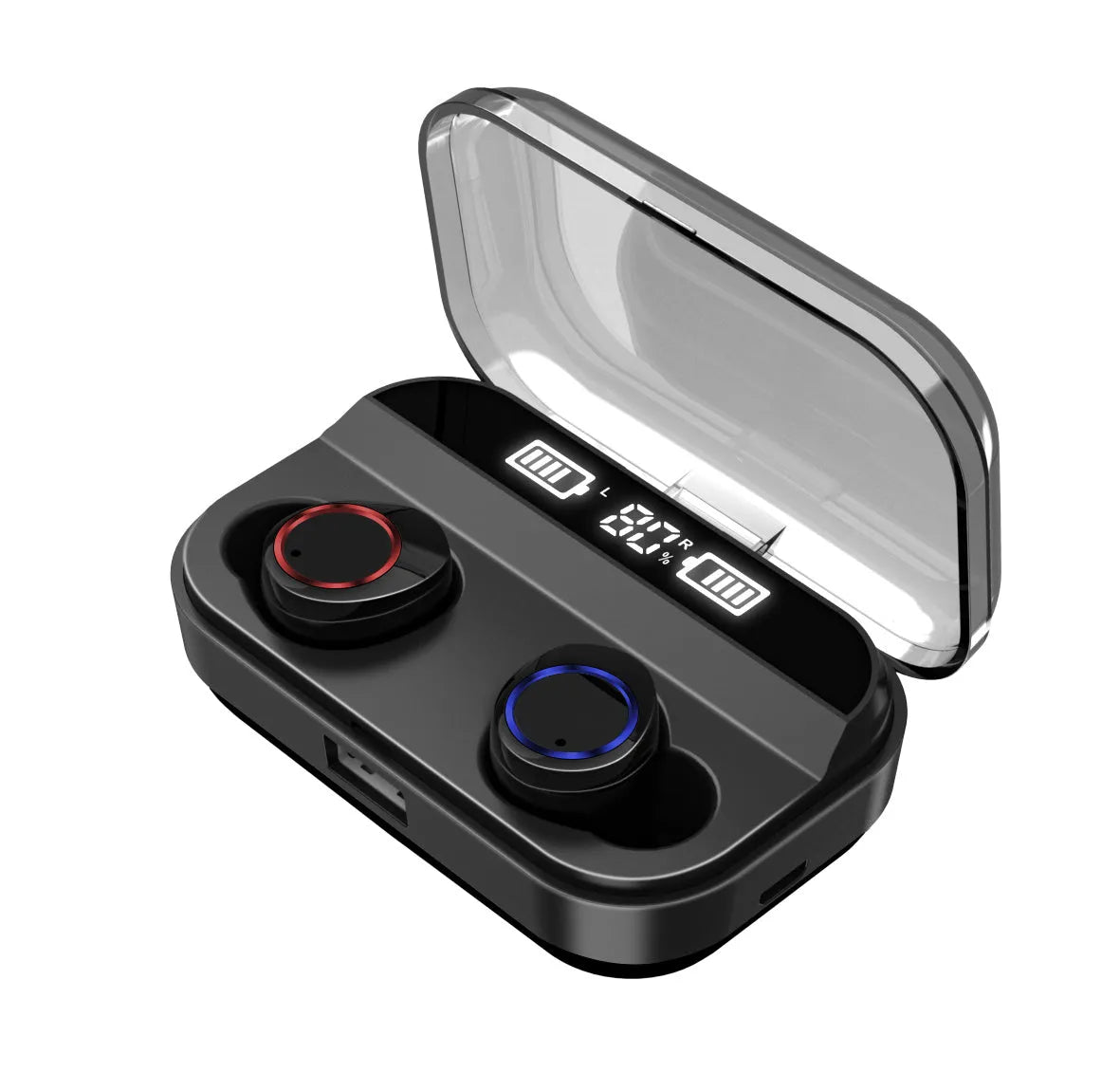 X11 black Bluetooth wireless earbuds with charging case showing touch controls and silicone ear sleeves