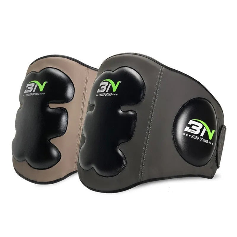 Dark grey Sanda boxing chest protection target with thick padding and waist support strap.