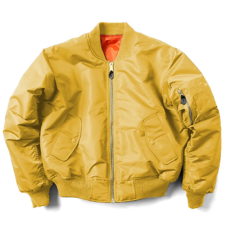 Men's loose fit cotton-padded nylon pilot jacket in army green on a hanger.