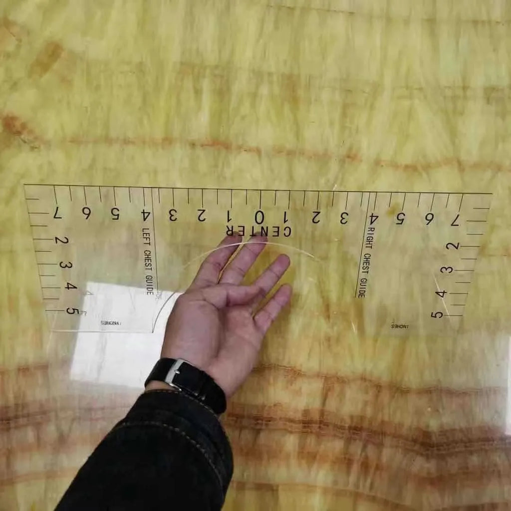 Transparent acrylic sewing patch ruler 10x6 inches for t-shirt alignment with carved markings