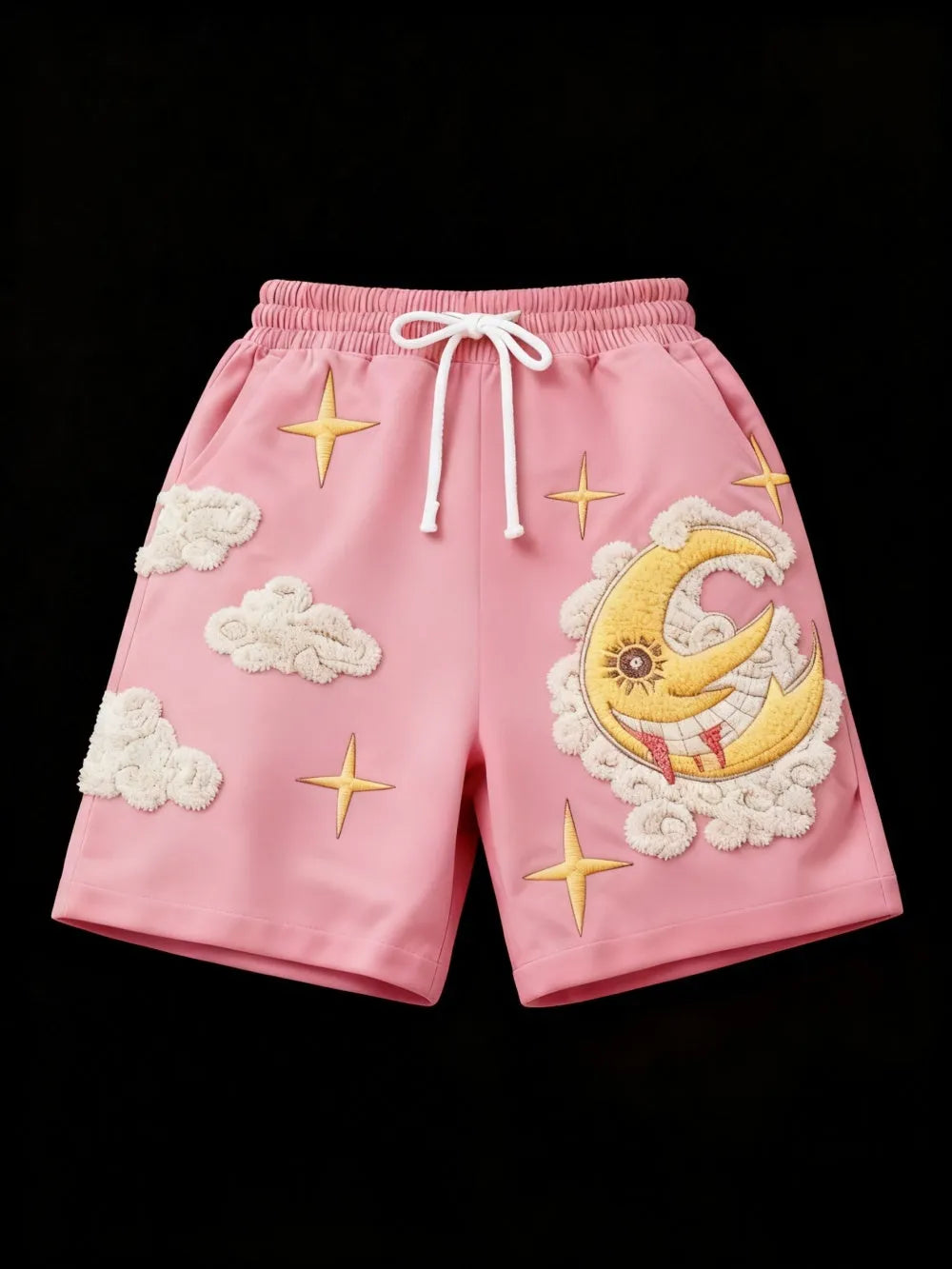 Retro plus size loose knee length sports shorts in pink, side view on model
