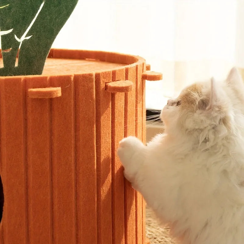 Carrot-shaped semi-enclosed felt cat tunnel bed on a floor