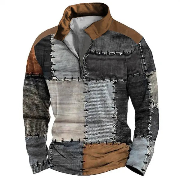 Men's retro colour print golf t-shirt with striped pattern and zipper details on long sleeve loose fit top