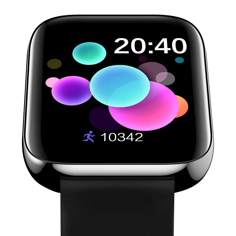 Black smart bracelet with a square screen on a silicone strap, showing Bluetooth call and blood pressure icons.