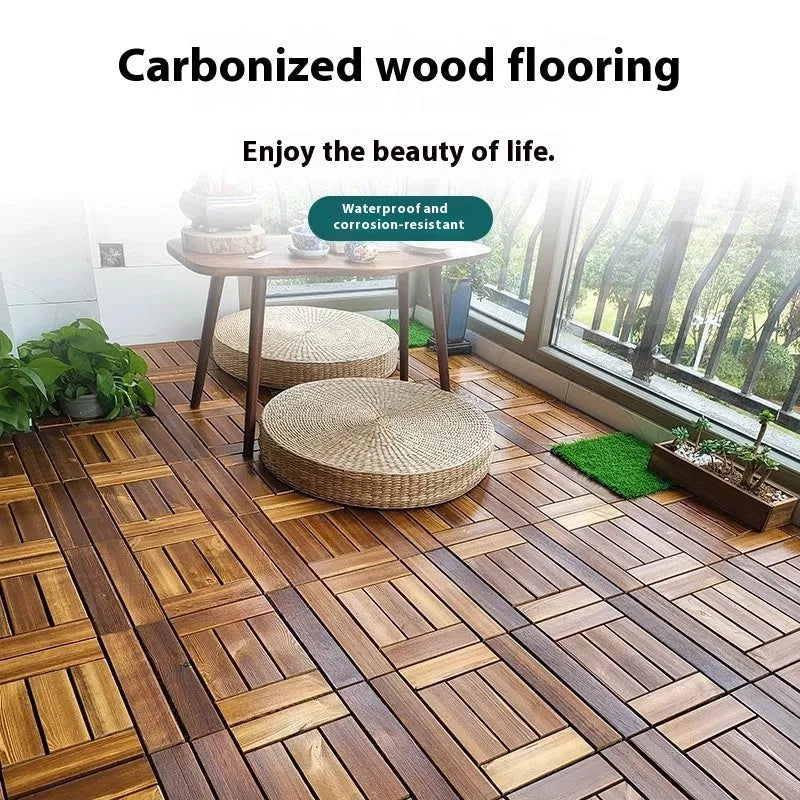 Square camphor pine wood floor tiles with interlocking edges for balcony use.