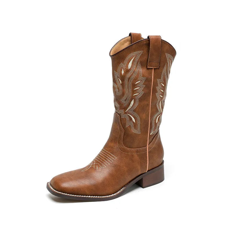 Brown women's mid-calf embroidered martin boots with leather lining and waterproof platform