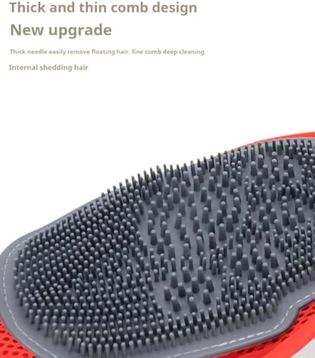 Red pet grooming glove combining a brush and mitt design for bathing dogs and cats.