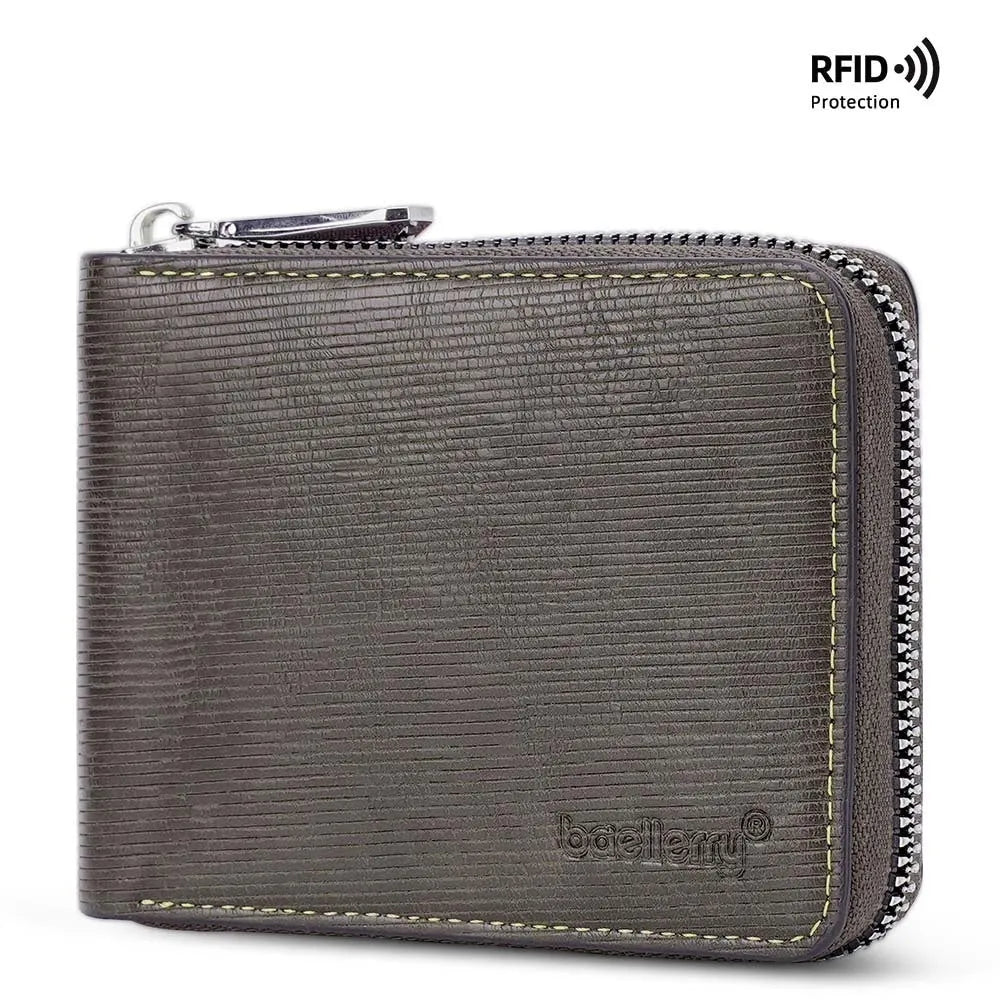 Black embossed leather-look anti-theft wallet with zipper closure and credit card slots