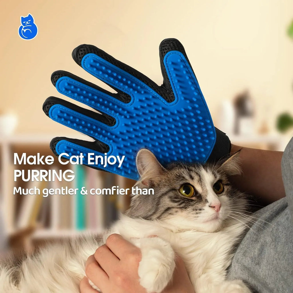 Blue pet grooming gloves with silicone tips for gentle hair removal from dogs and cats