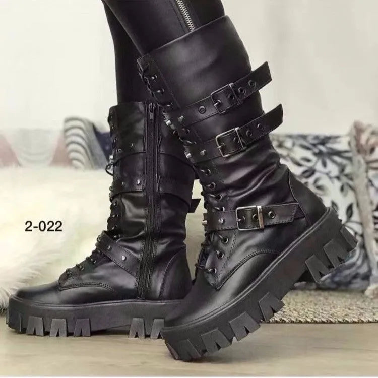 Women's black mid-calf knight boots with a metal buckle strap and side zipper.
