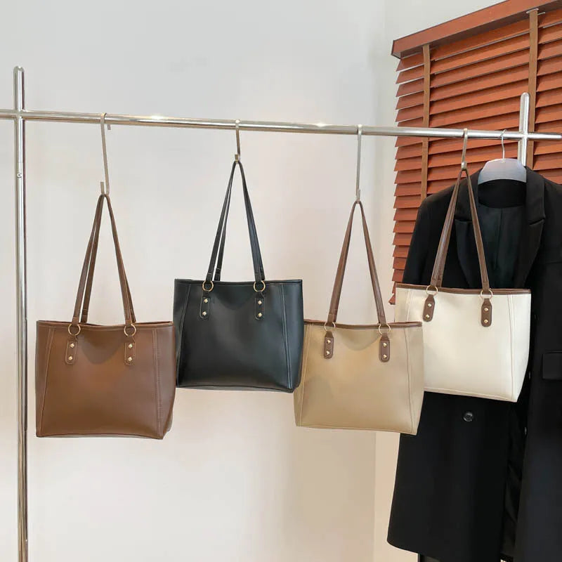 Women's contrast colour PU tote bag with horizontal square shape and large capacity in black, white, khaki, or brown