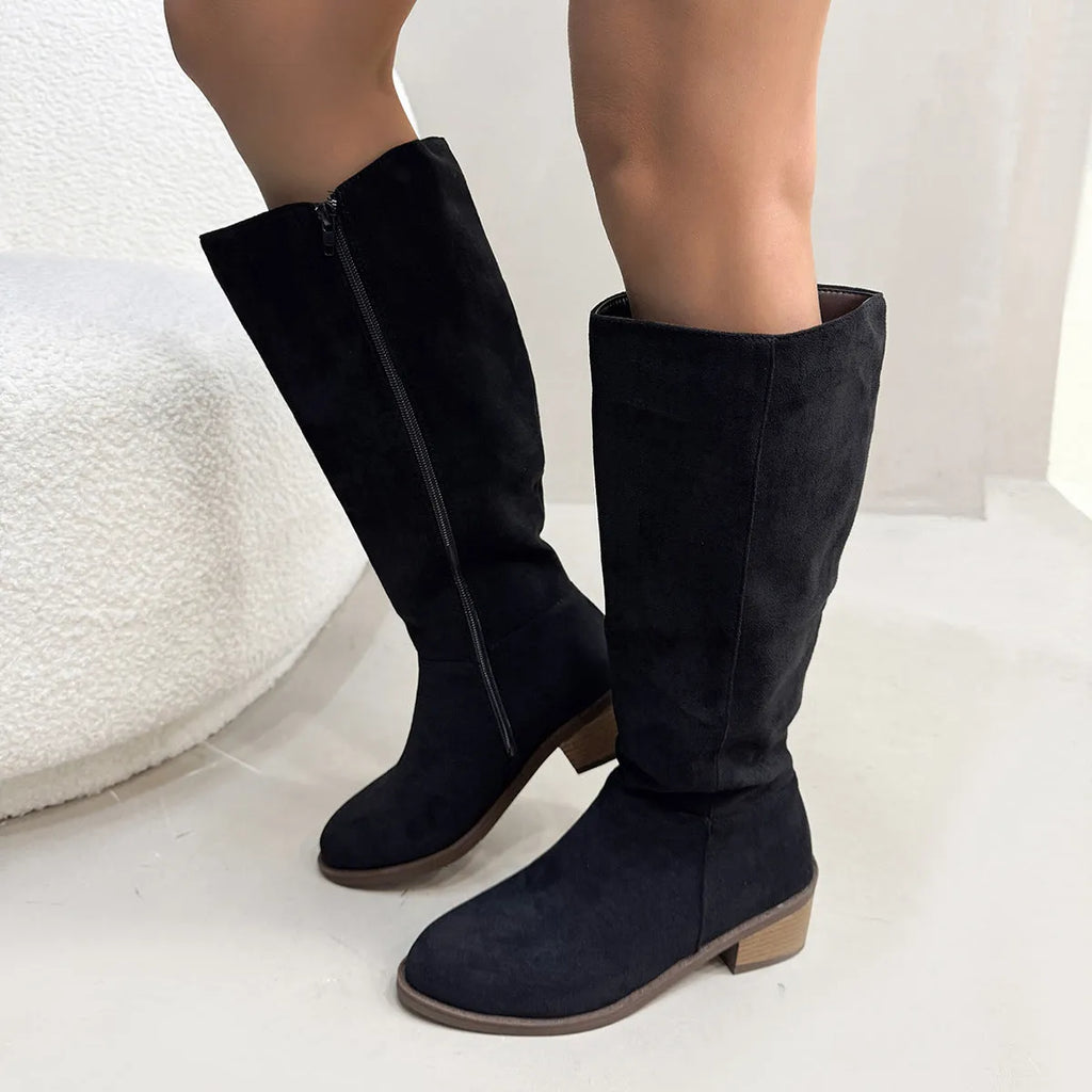 Chunky heel suede over the knee side zipper boots in solid colour for women