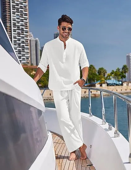 Men's casual cotton two-piece suit with long sleeves and trousers in a solid colour