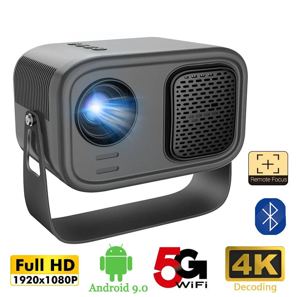 Black HD smart portable projector with remote control on white background