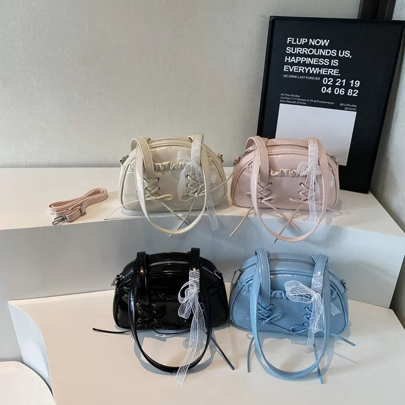 Milky white PU leather ladies shoulder bag with bandage bow and crossbody strap