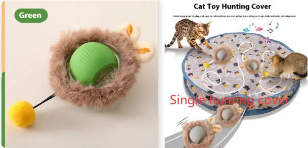 Silicone rolling ball cat toy in red, green, or grey colours, some variants with an attached rope.