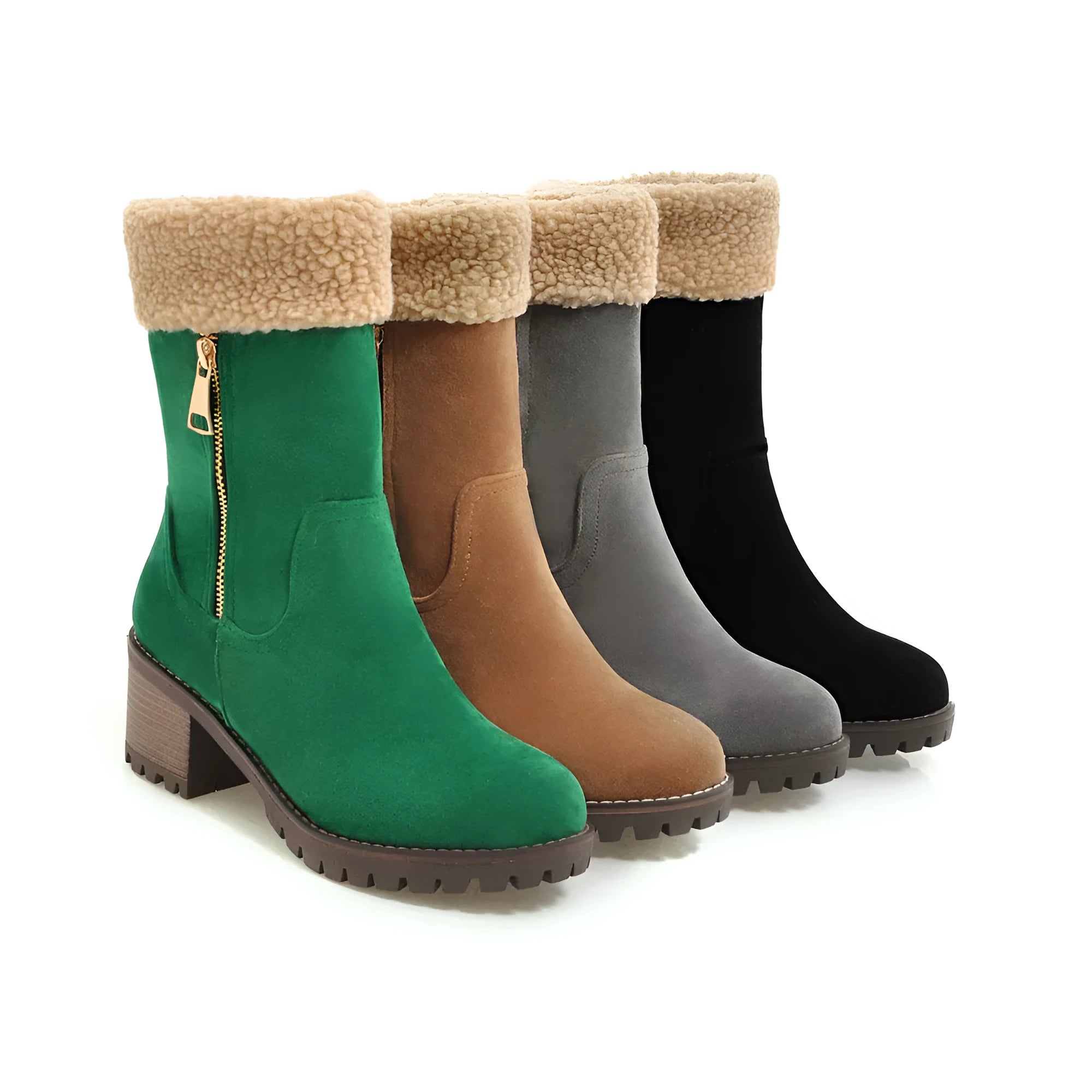 A pair of snow boots with a rubber sole and plush lining on a winter background.
