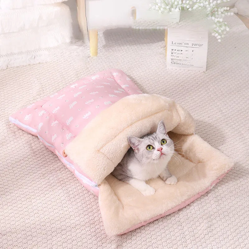 Soft cat bed in pink with detachable mat and foldable design, size M 70x100cm
