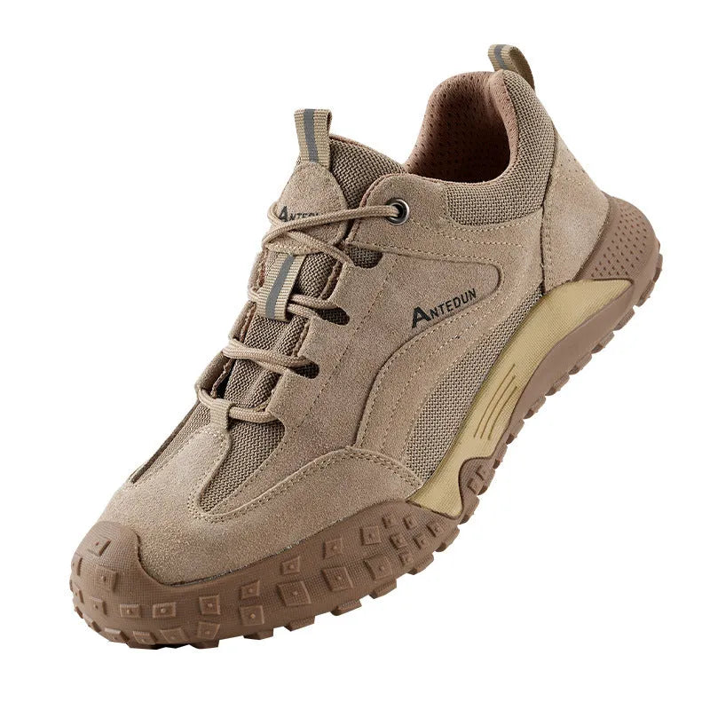 Men's khaki suede canvas safety shoes with plastic steel toe cap and rubber sole