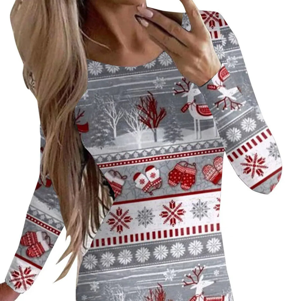 Printed floral Christmas dress with round neck and long sleeves in fitted design