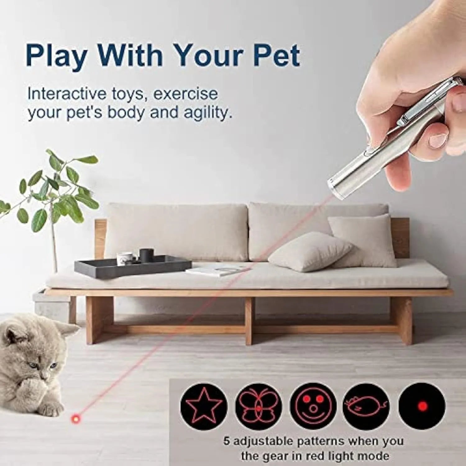 Silver aluminium alloy cat laser pointer wand showing pattern selection dial and USB charging port