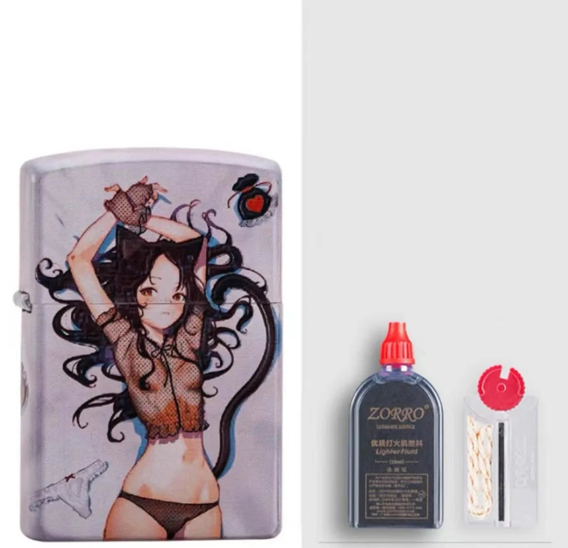 Windproof kerosene lighter with decorative copper case showing artistic design