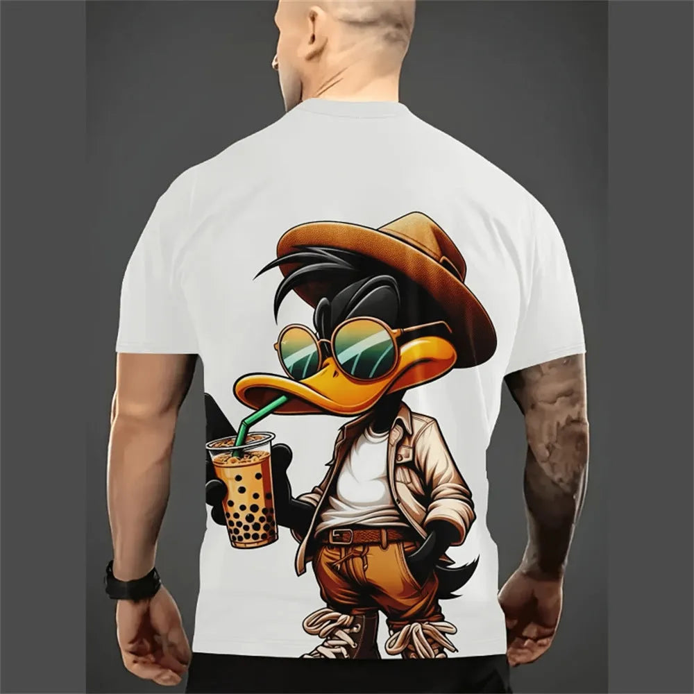 Men's loose-fit short sleeve shirt with a colourful 3D cartoon print on milk silk linen fabric.
