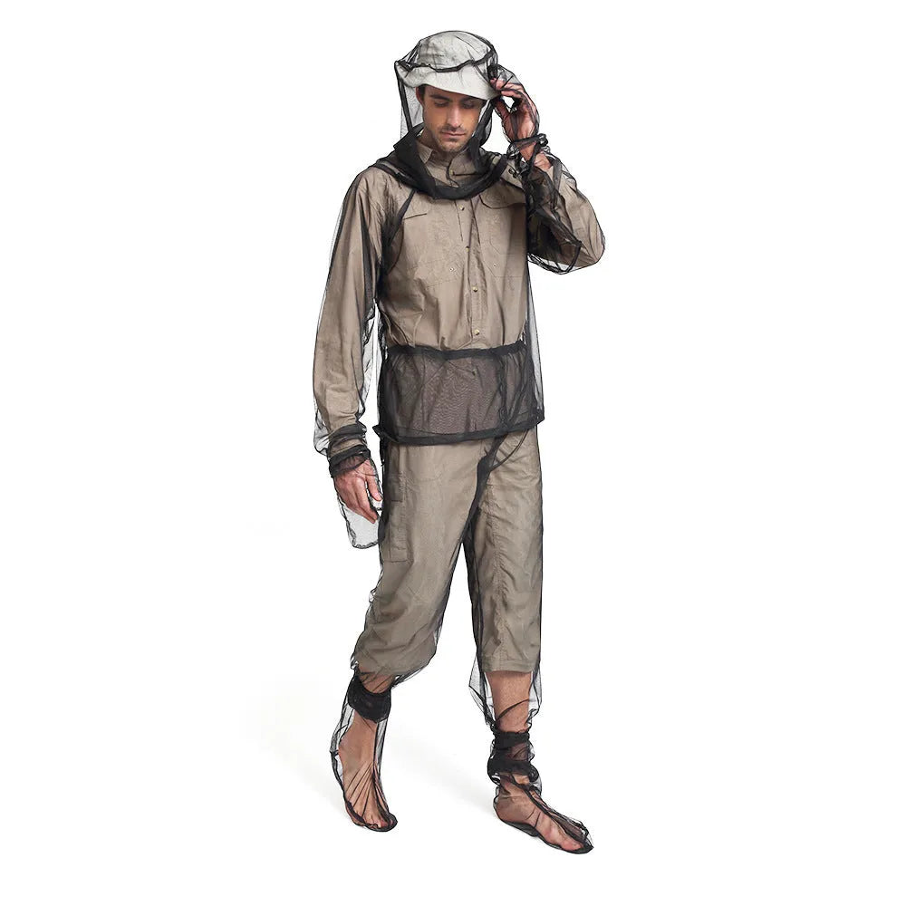 Four-piece mesh anti-mosquito suit set showing hooded top, pants, and booties for outdoor camping and fishing.